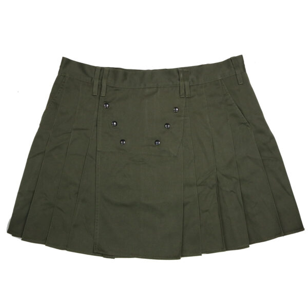 A green pleated skirt with buttons.