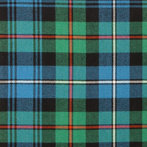 A close up of a green and blue tartan fabric.