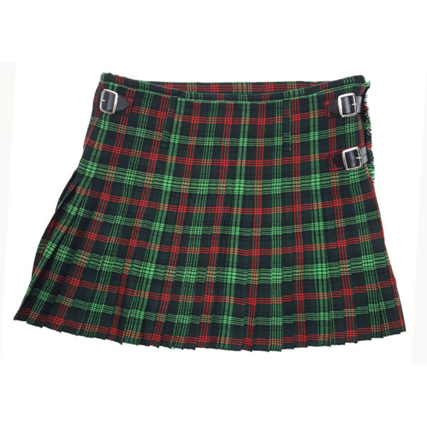 A modern green and red Ross Hunting Wool Blend kilt with buckles.