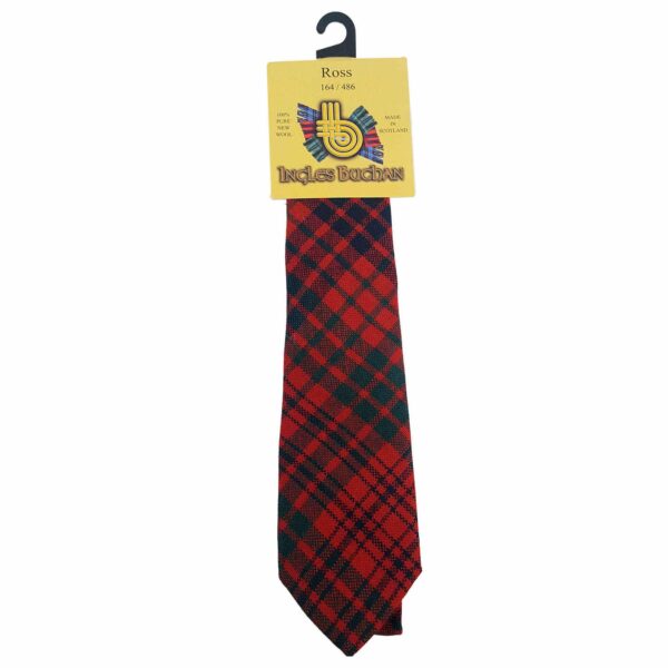 A Ross Red Modern Child Size Tartan Tie featuring a red and black Ross pattern, showcased against a pristine white background.