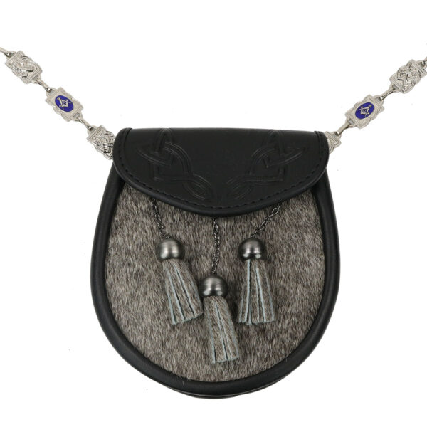 A leather fanny pack with Masonic Antiqued-Silver Sporran Chain Strap and tassels.