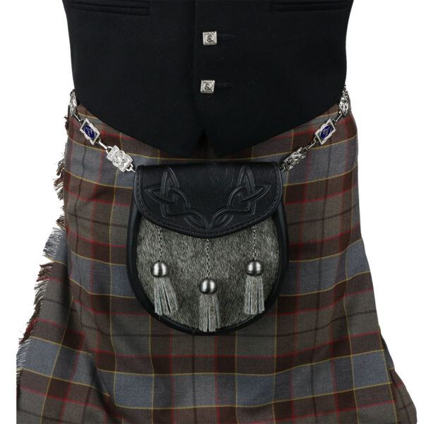 A kilt with a belt and tassels, adorned with a **Masonic Antiqued-Silver Sporran Chain Strap**.
