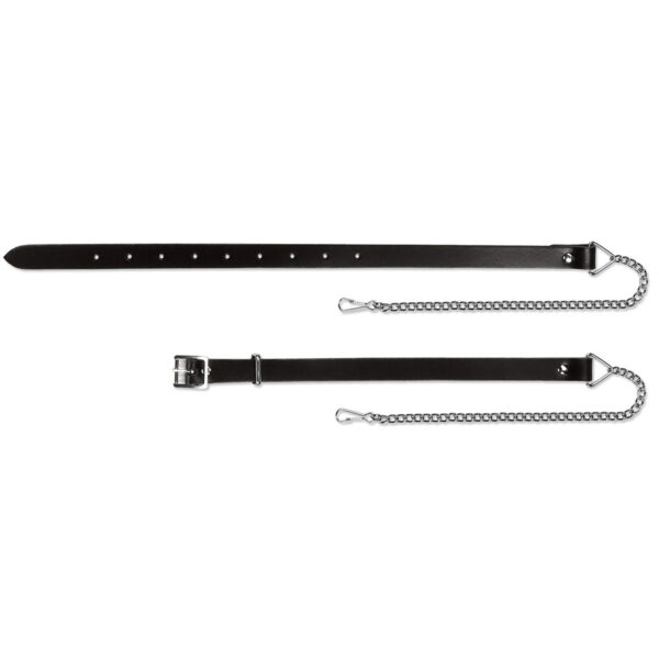 Two black leather collars on a white background.