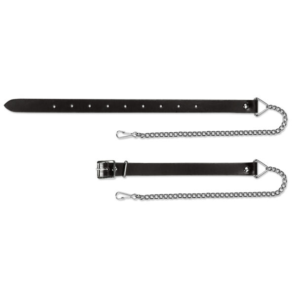 A pair of black leather collars with metal clasps.