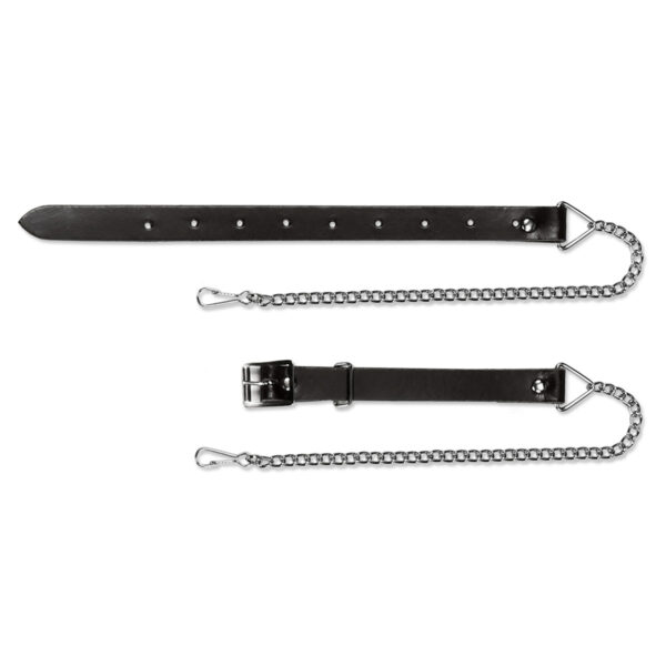 A pair of black leather collars on a white background.