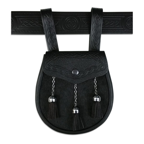 A black leather belt with tassels and tassels.