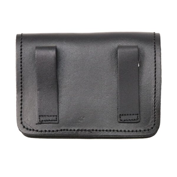 A Celtic embossed black leather belt pouch on a white background.