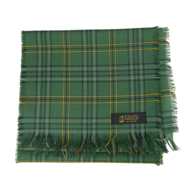 The Wexford County - Irish Tartan Sash - 8oz Spring Weight Premium Wool, perfect for spring, with green and yellow patterns, placed on a white background.