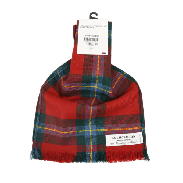 A MacLaine of Lochbuie Modern - Light Weight Premium Wool tartan scarf with a tag on it.