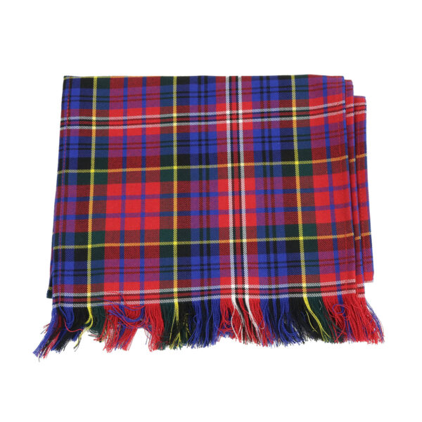 A MacPherson Modern Tartan Scarf - Wool Free with fringes on a white background.