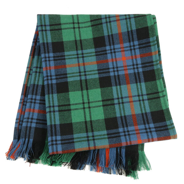 A green and blue Armstrong Ancient - Heavy Weight 16oz Wool Tartan Scarf with fringes.