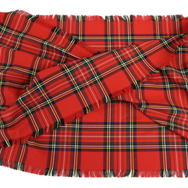 A Stewart Royal Modern Tartan Crossed Infinity Scarf - Wool Free with fringes on a white background.