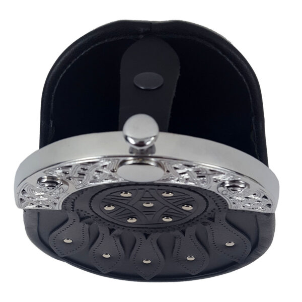 A black shower head holder with studs on it, designed to resemble a Chrome Cantle Classic Band Sporran-sold 5/23.