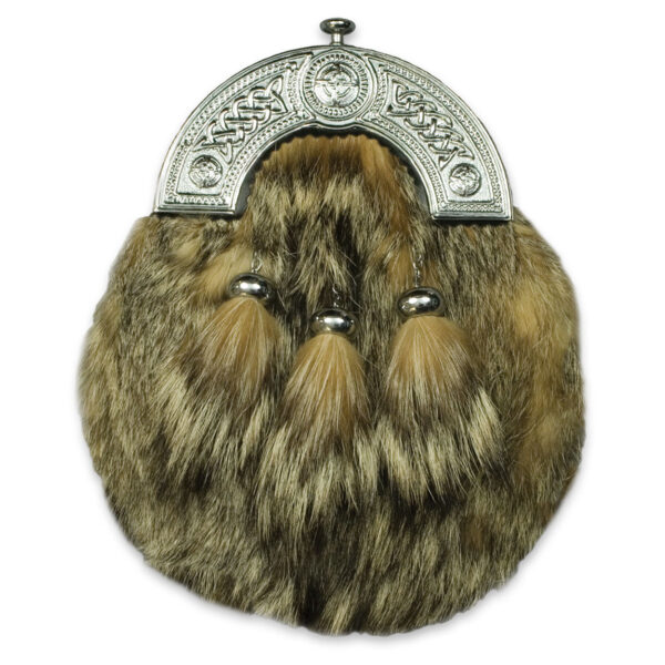 A silver bag with Fox Fur Chrome Cantle Sporran on it.