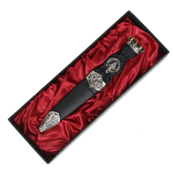 A MacNeil Thistle Mount Clan Crest black and silver Sgian Dubh in a box.