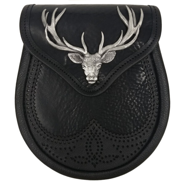 A Stag Head Premium Leather Sporran with a stag head on it.
