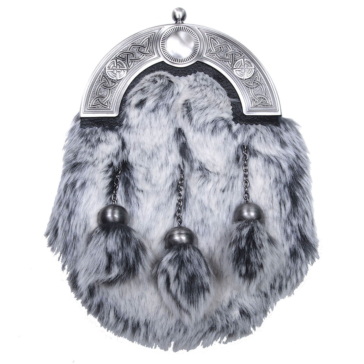A black and white furry bag with silver studs.