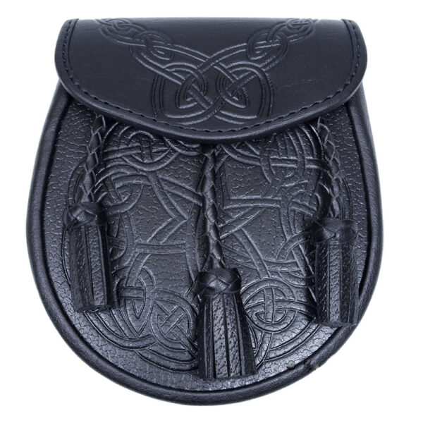 A black leather kilt bag with a celtic design.