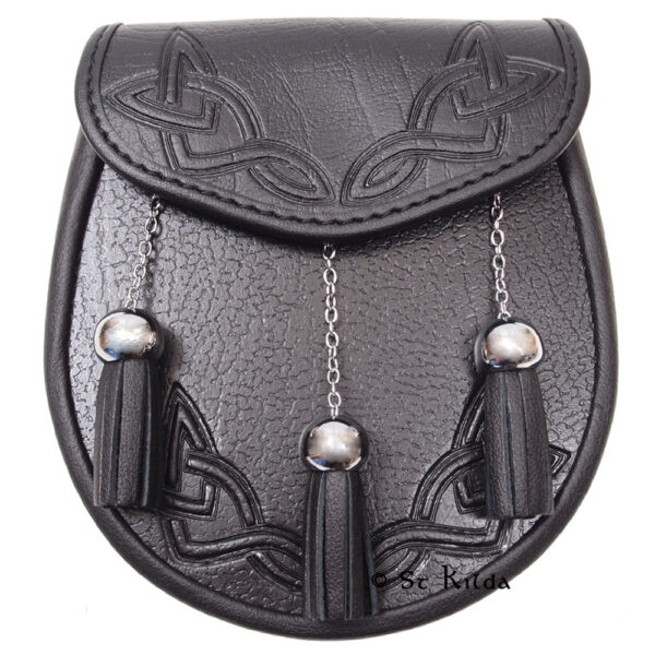 A black leather kilt bag with silver tassels.
