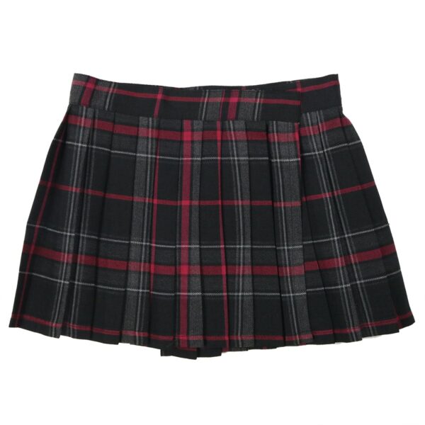 The Spirit of Bruce Tartan Poly/Viscose Kilted Mini Skirts feature a striking black and red plaid design, set against a crisp white background.