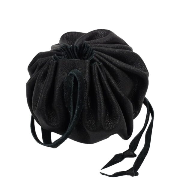 A small black Small Leather Pouch with a drawstring on it.