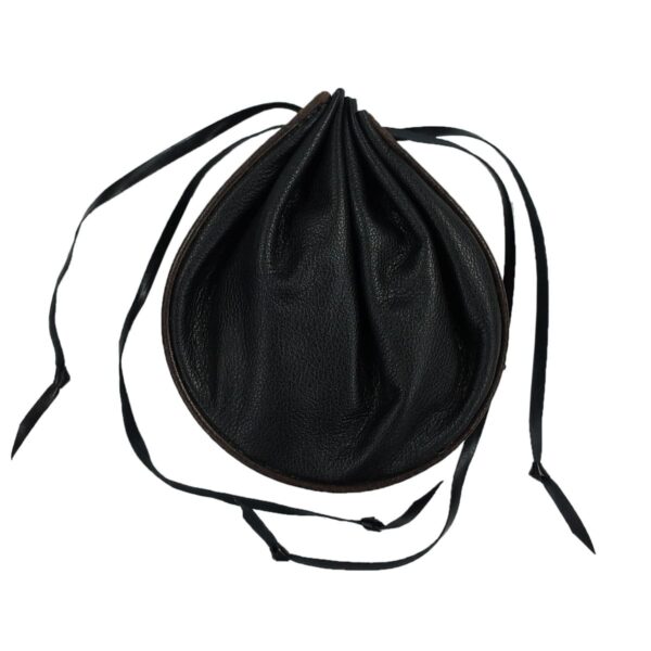 A black leather drawstring bag on a white background, resembling a Horseshoe Leather Pouch.