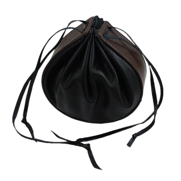 A black and brown Horseshoe Leather Pouch with a drawstring.