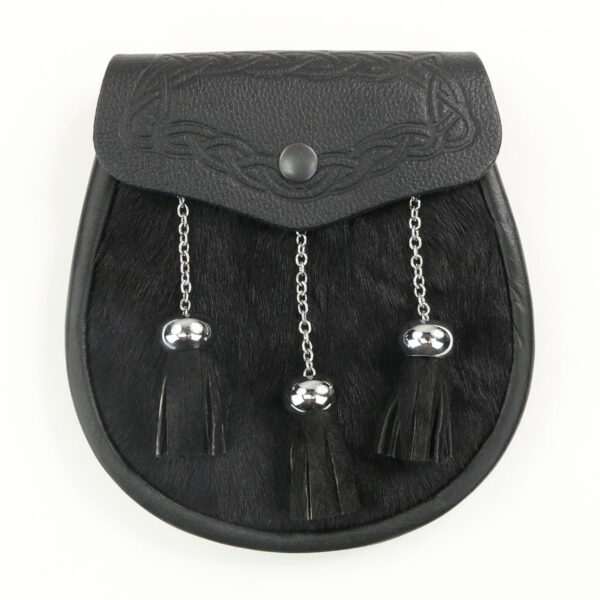 A black leather kilt bag with silver tassels, featuring a stylish Black Rabbit Fur Stag Sporran.