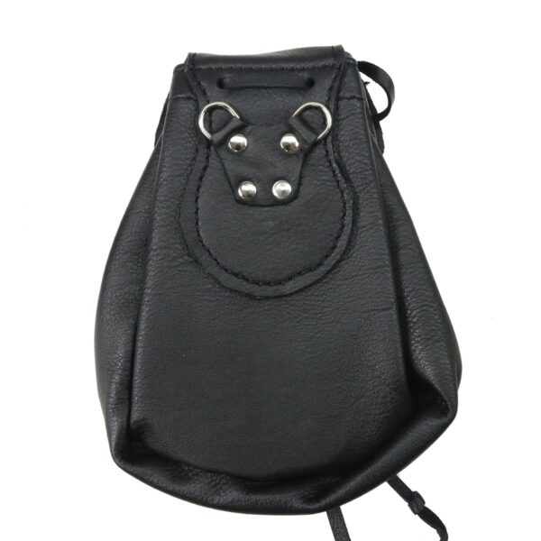 A high-quality black leather pouch with a metal buckle, perfect as a Quality Rob Roy Sporran.