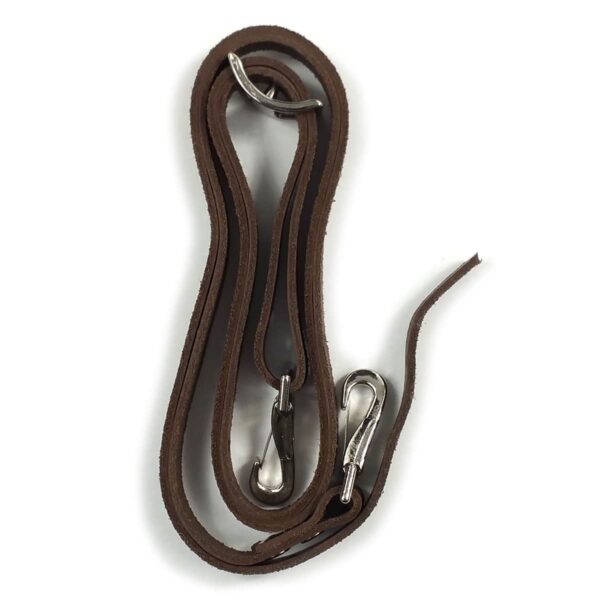A brown leather leash with a touch of Quality Rob Roy Sporran on a white background.