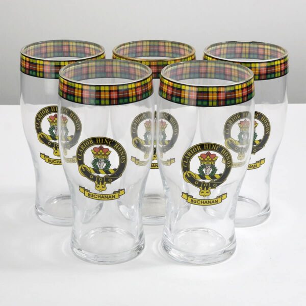 Scottish Buchanan Clan Crest Tartan pub glass set of 5.