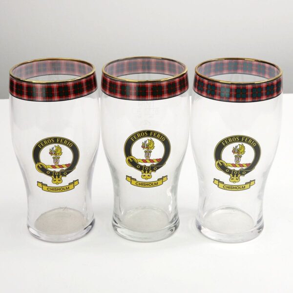 Chisholm Clan Crest Tartan Pub Glass - Set of 3 featuring the crest and tartan.