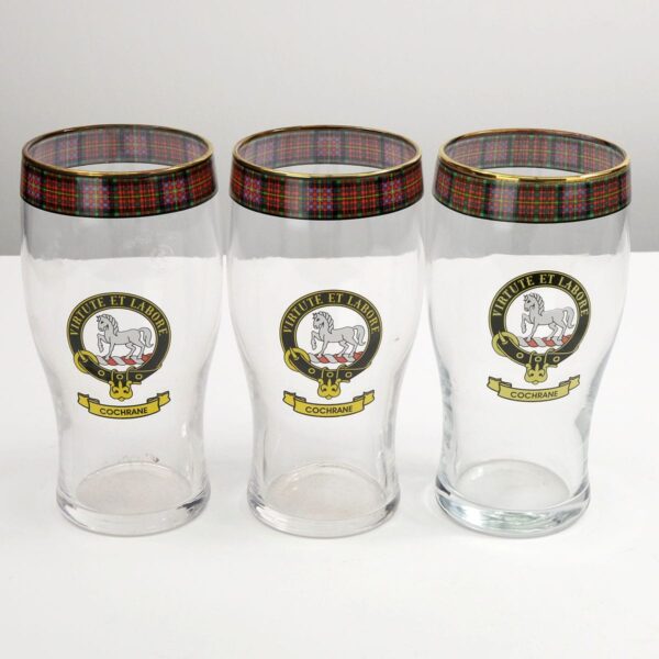 Three Gunn Clan Crest Tartan Pub Glasses.
