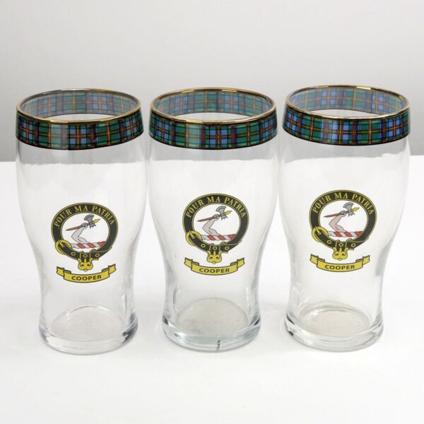 Three Cooper Clan Crest Tartan Pub Glasses - Set of 3.