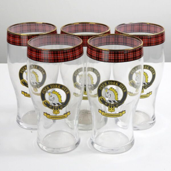 Set of 5 Cunningham Clan Crest Tartan Pub Glasses.