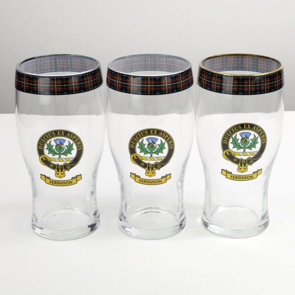 Ferguson Clan Crest Tartan Pub Glass - Set of 3 pint glasses.