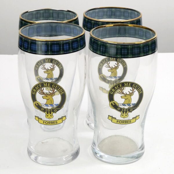 A set of four Forbes Clan Crest Tartan Pub Glasses - Set of 4 with a deer.