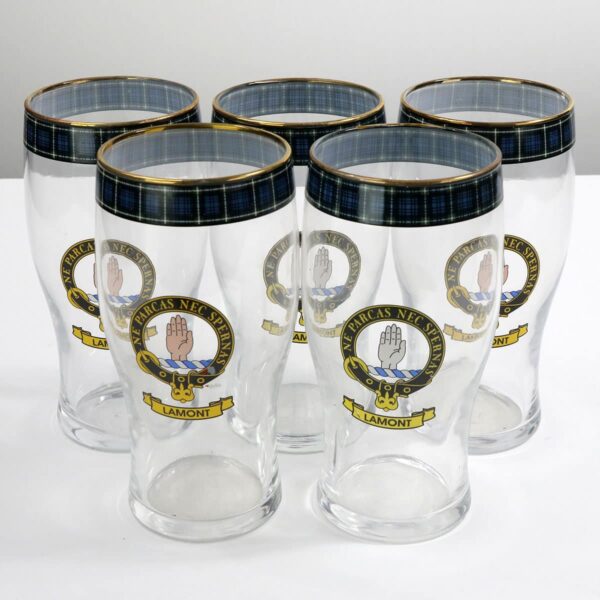 Set of 5 Lamont Clan Crest Tartan Pub Glasses.