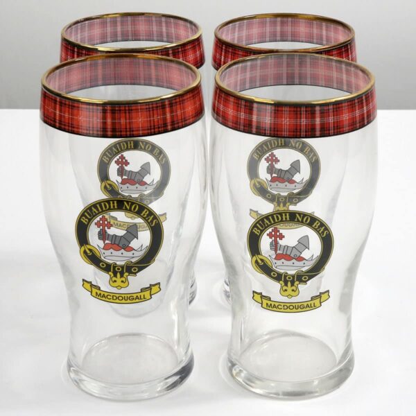 A set of four MacDougall Clan Crest Tartan Pub Glasses.