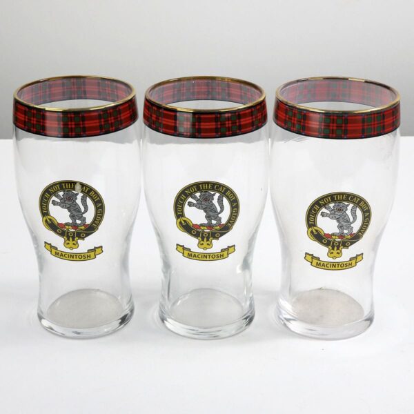 Three MacKintosh Clan Crest Tartan pub glasses.