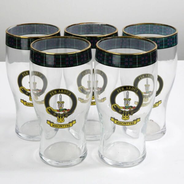 Set of 5 MacIntyre Clan Crest Tartan pub glasses featuring the MacIntyre Clan Crest Tartan.