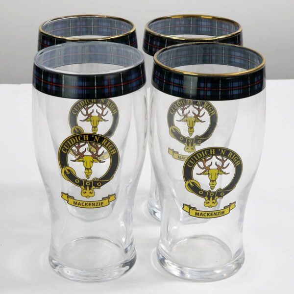 Four MacKenzie Clan Crest Tartan pub glasses.