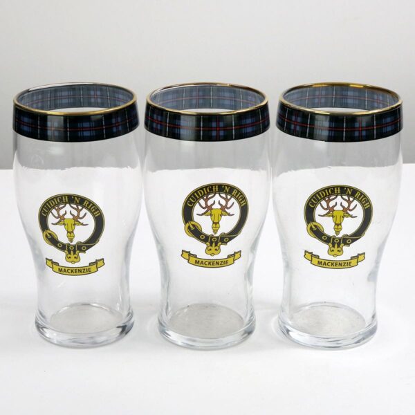 Four MacKenzie Clan Crest Tartan pub glasses.
