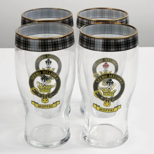 A set of five Mitchell Clan Crest Tartan Pub glasses.