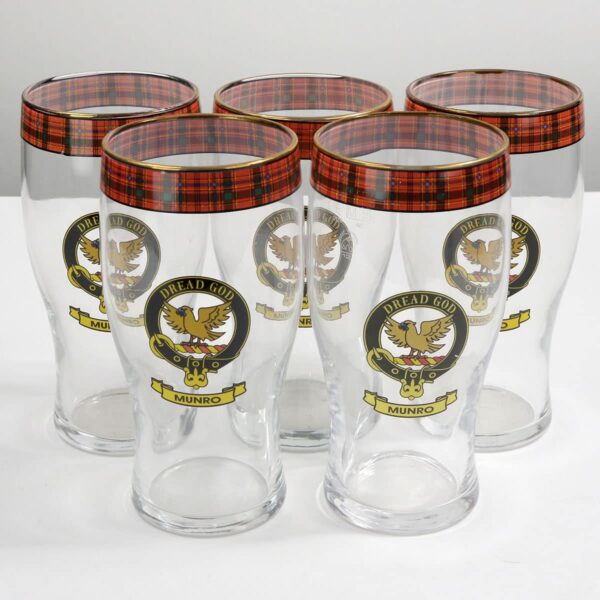 Introducing the Mitchell Clan Crest Tartan Pub Glass - Set of 5 - a collection of 6 Scottish clan pint glasses.
