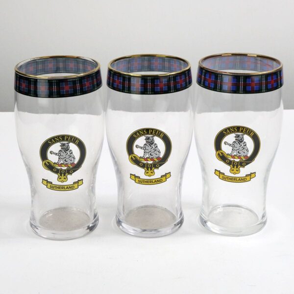Three Sinclair Clan Crest Tartan pub glasses.