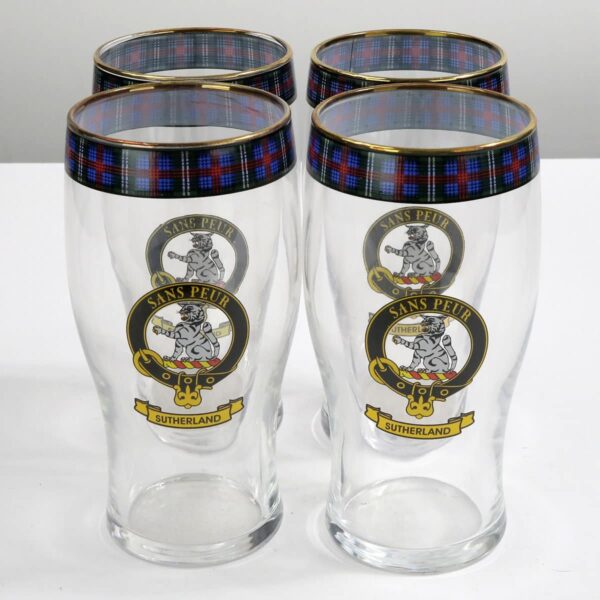 A set of three Sinclair Clan Crest Tartan pub glasses.