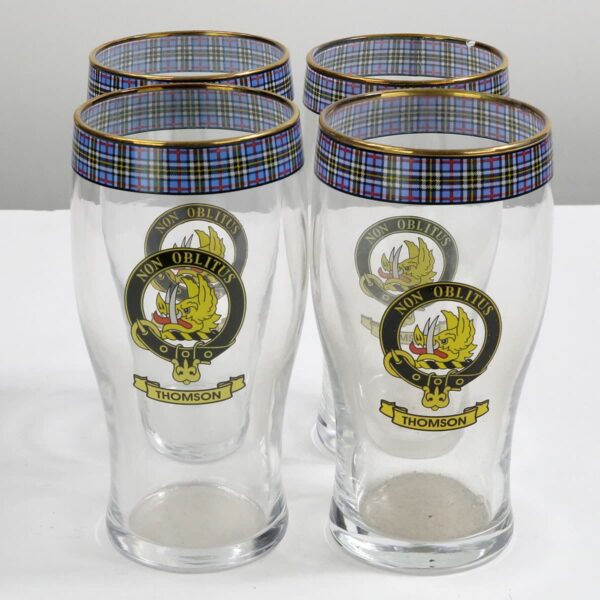 A set of three Sinclair Clan Crest Tartan pub glasses.