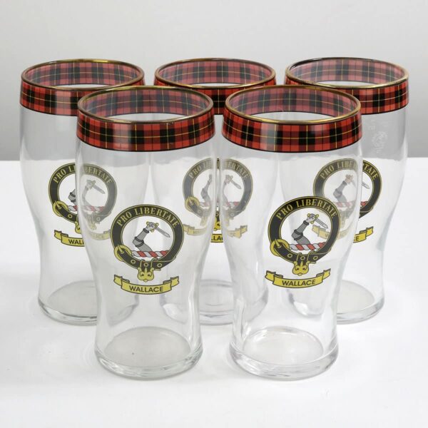 Set of 3 Sinclair Clan Crest tartan pub glasses.