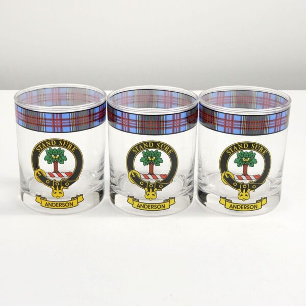 Three Anderson Clan Crest Tartan whisky glasses - Set of 3.